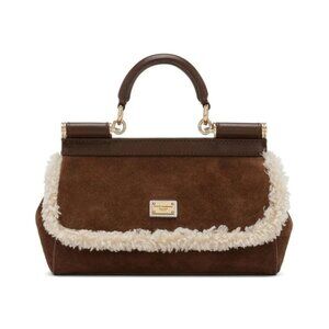 Dolce and Gabbna Sicily Suede Leather Shoulder Bag Brown Gold